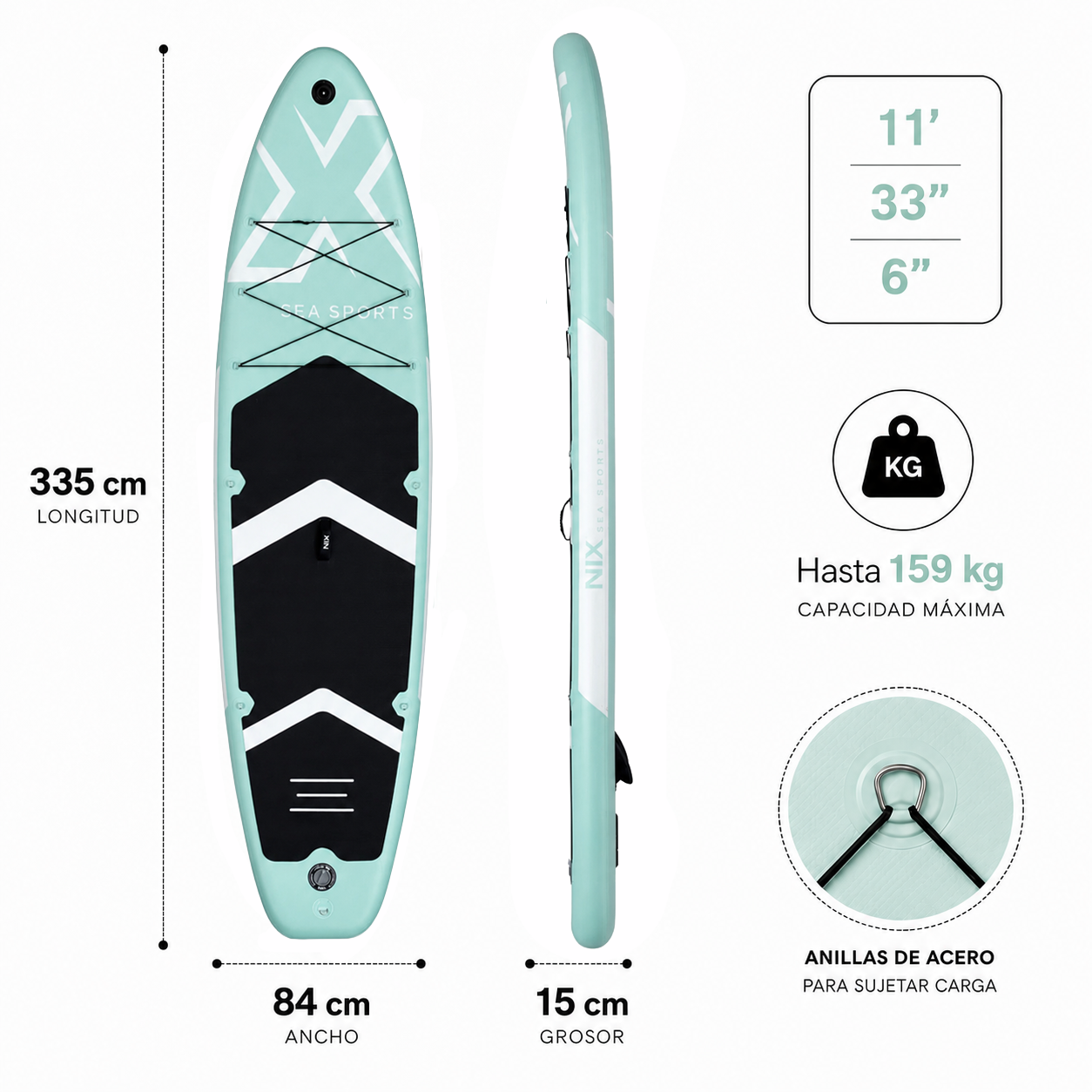 Opblaasbaar SUP-board 11" 335x84x15 cm 159 kg, turquoise, Premium-set