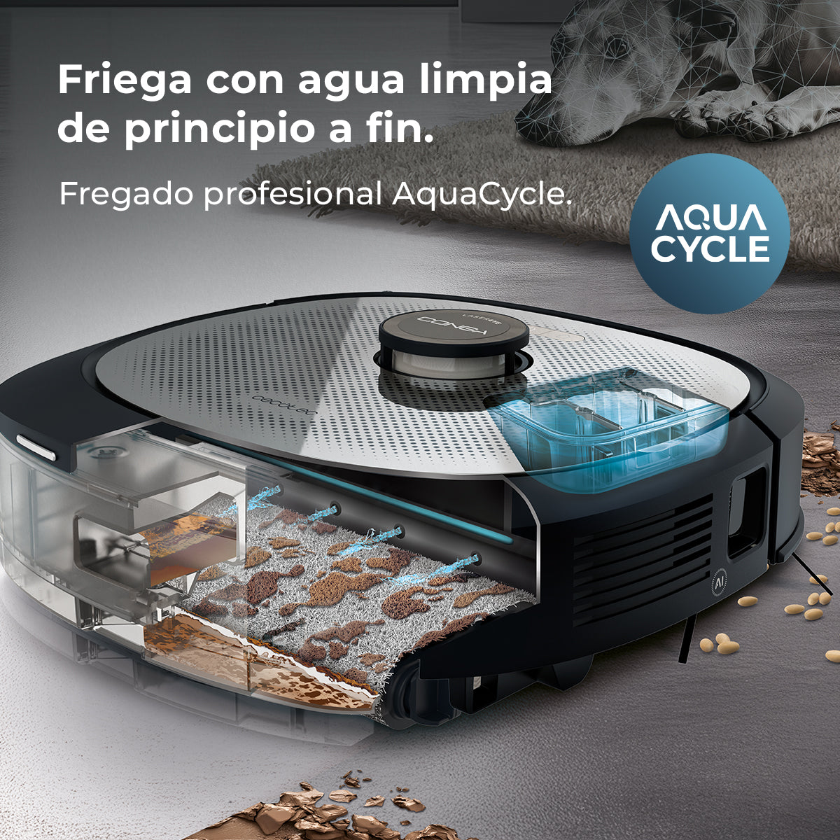 Cecotec Conga Z100 Robot Aspirateur IA Avec LaserEye Et AquaCycle Détection d'Objets Et Nettoyage Professionnel