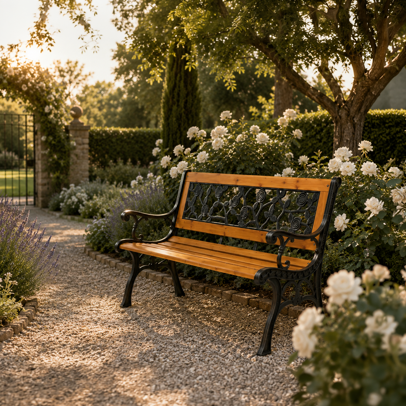 Gartenbank aus Holz und Metall mit dekorativer Rückenlehne in Blumenoptik für Terrasse und Park