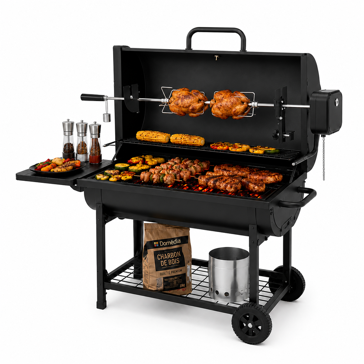 Set houtskoolbarbecue met gemotoriseerd draaispit 360°