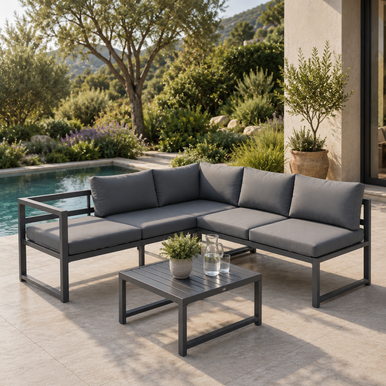 Conjunto de jardim em alumínio antracite com sofá modular de canto, mesa e almofadas para terraço e exterior