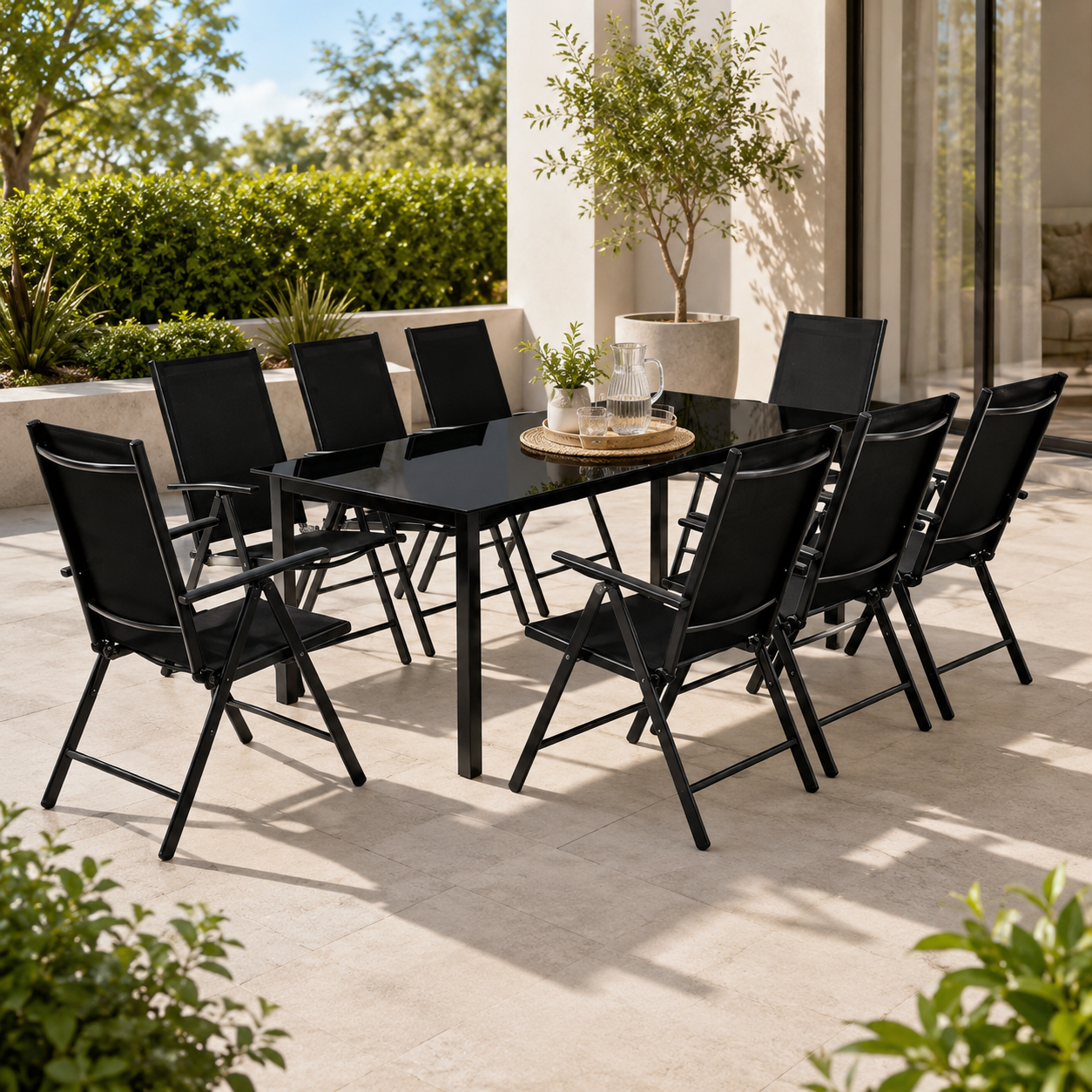 Set da giardino 9 pezzi alluminio sedie reclinabili tavolo in vetro