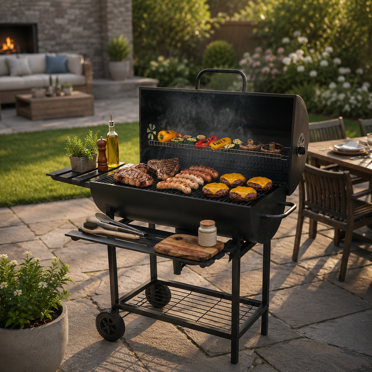 Barbecue au charbon avec couvercle et ventilation réglable pour jardin avec roues