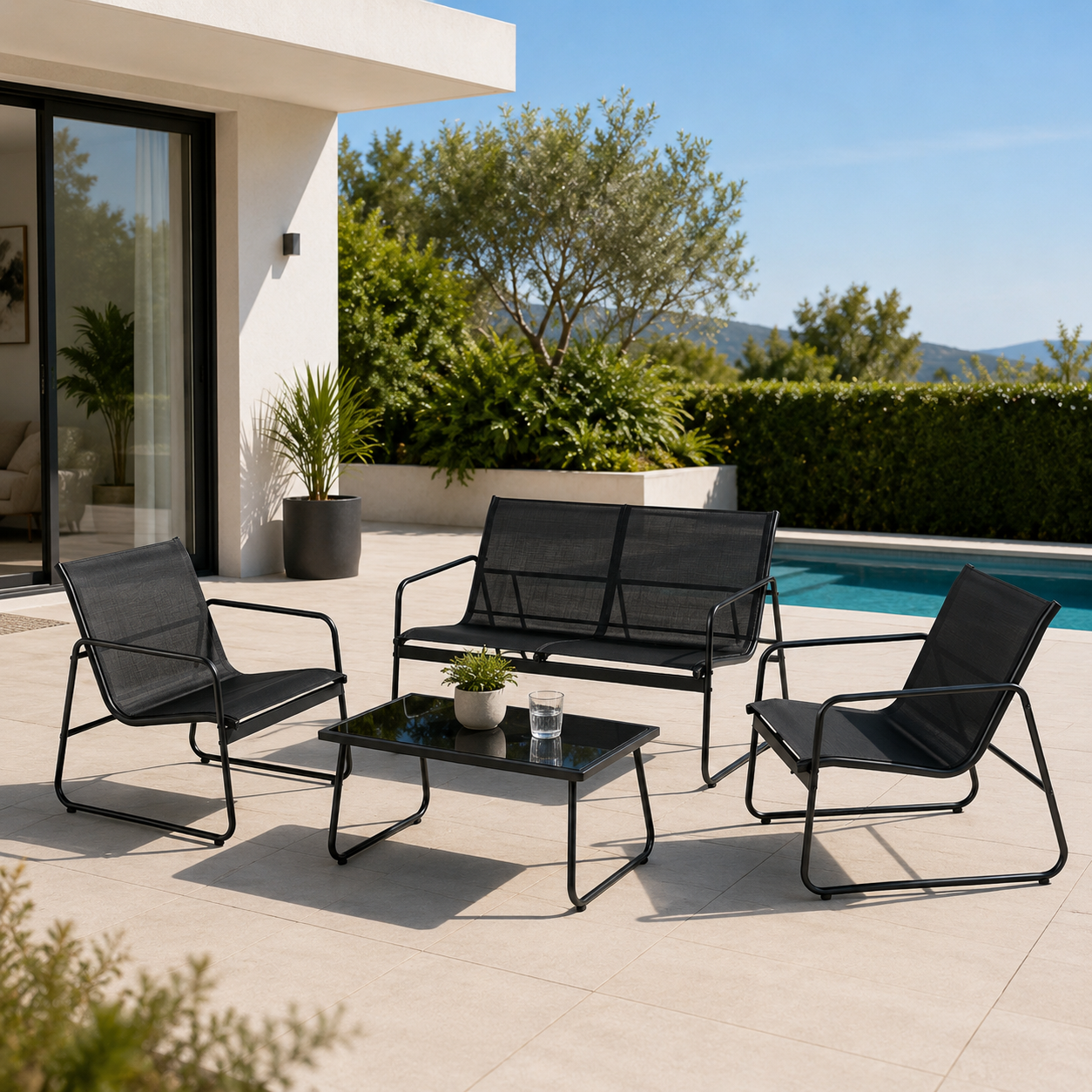 Conjunto de jardim exterior em aço e textilene com sofá de 2 lugares, 2 poltronas e mesa de vidro preta