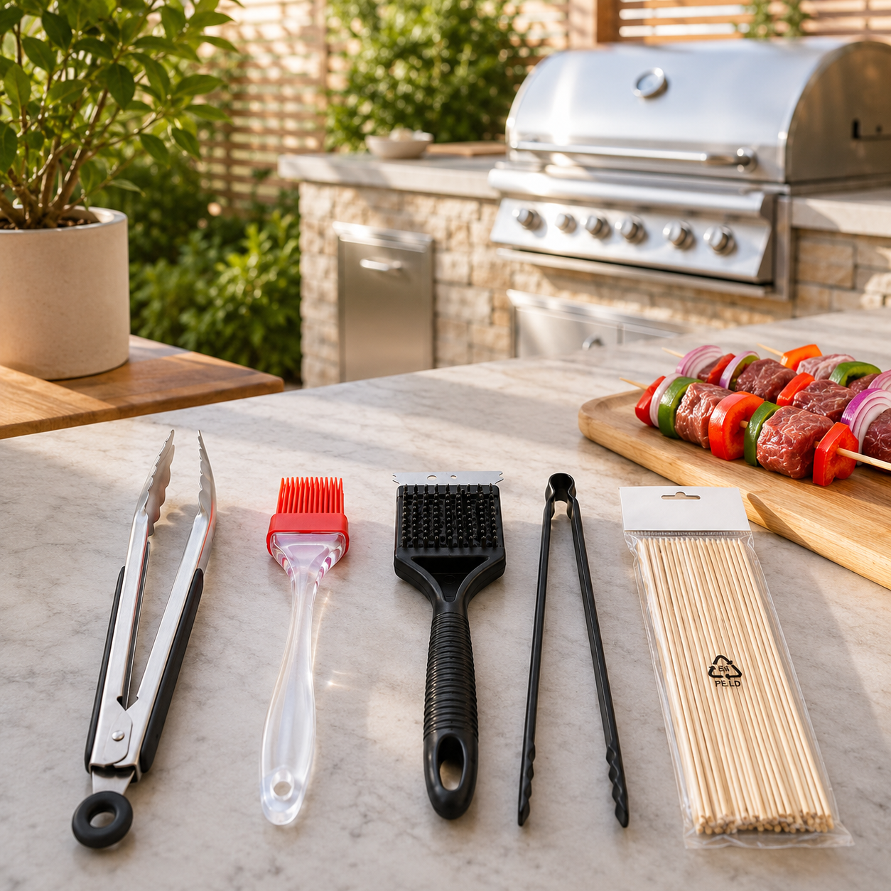 Conjunto BBQ profissional 5 peças em aço inoxidável com utensílios resistentes e cabos de silicone para churrasqueira