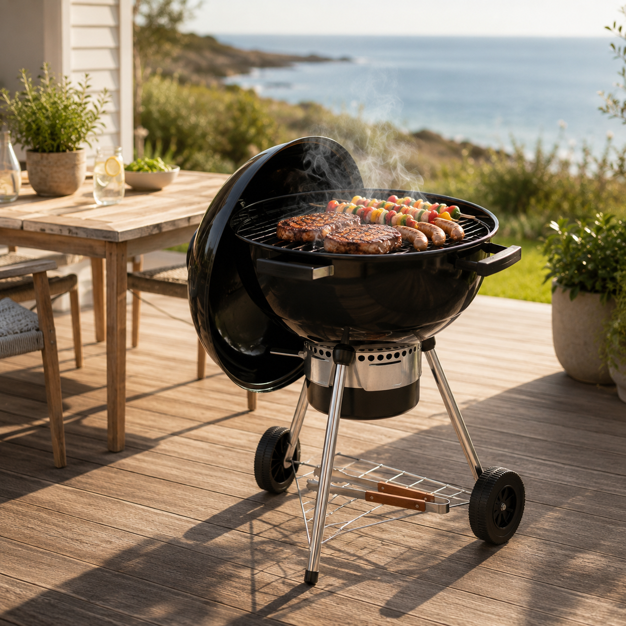 Tragbarer runder Holzkohlegrill mit Deckel und Belüftung