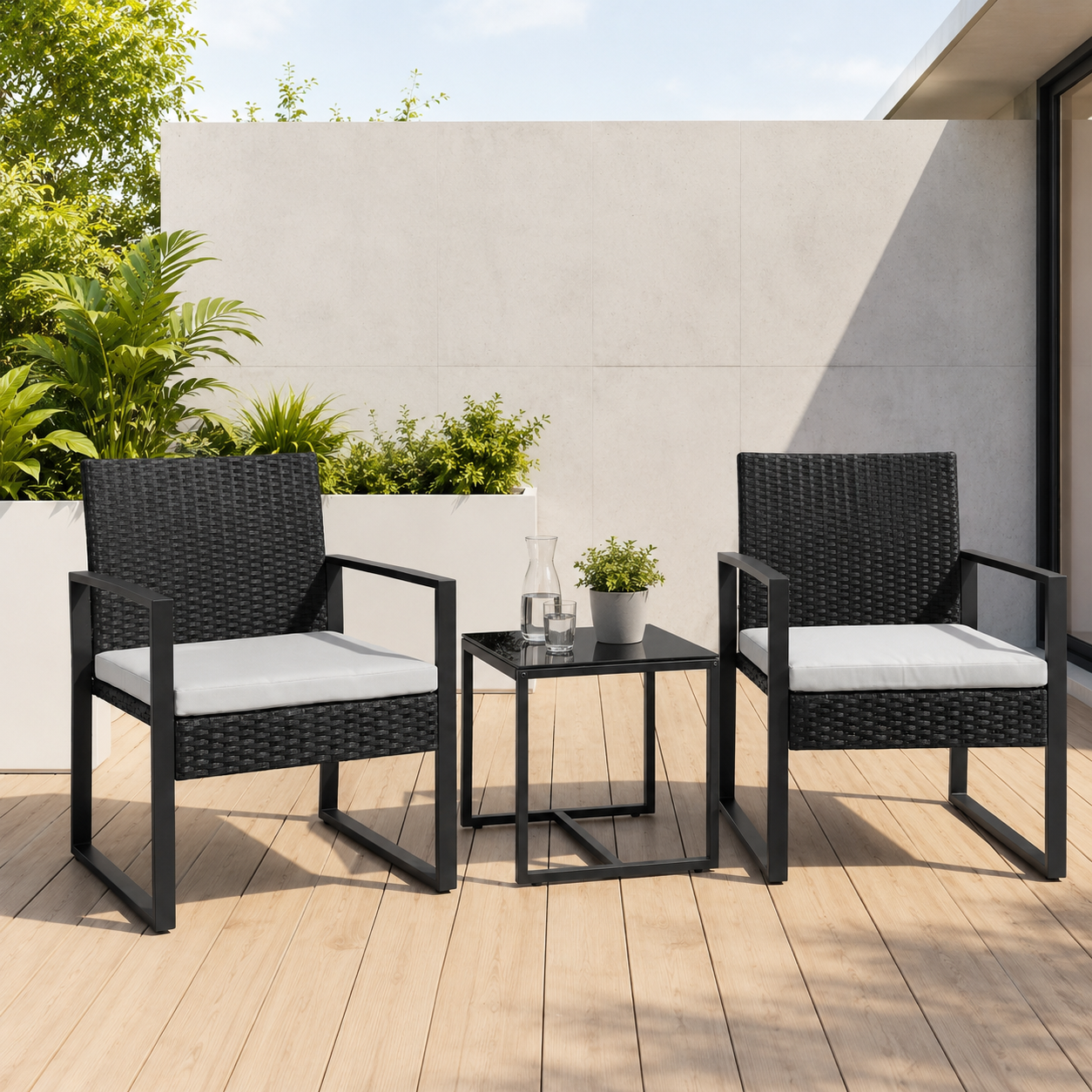 Conjunto de jardim exterior em rattan PE de 3 peças com mesa auxiliar e almofadas acolchoadas para terraço, varanda e pátio