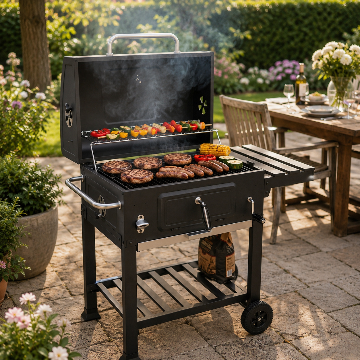 Holzkohlegrill mit Deckel und zusätzlichem Wagen