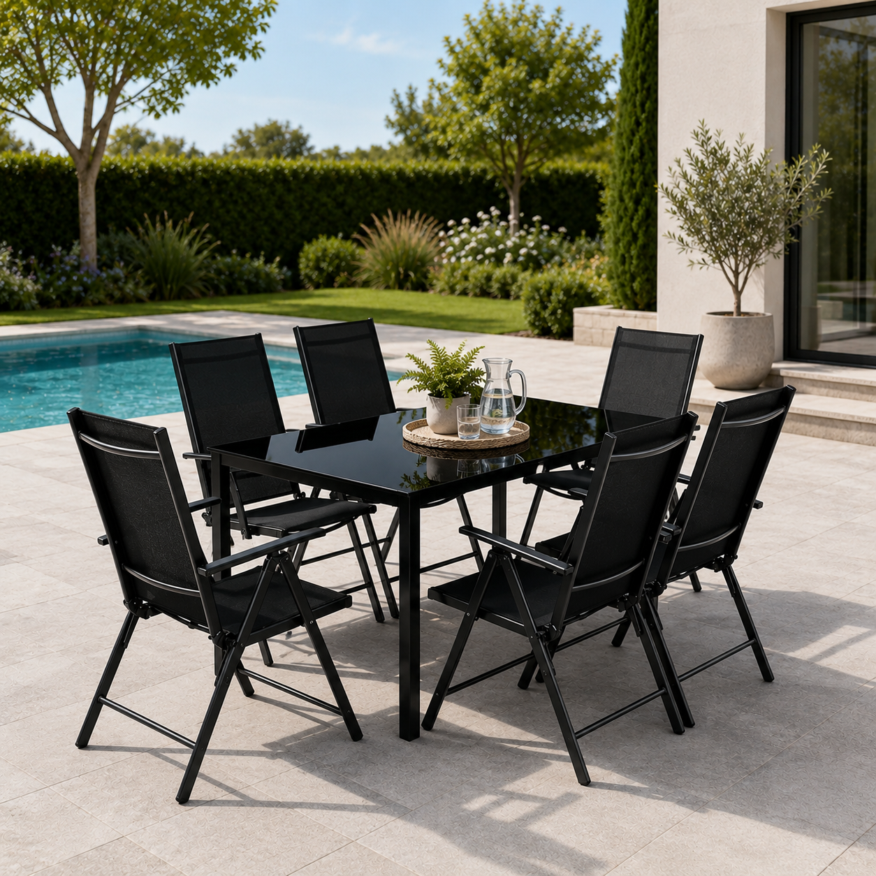 Ensemble jardin extérieur 7 pièces aluminium chaises inclinables verre