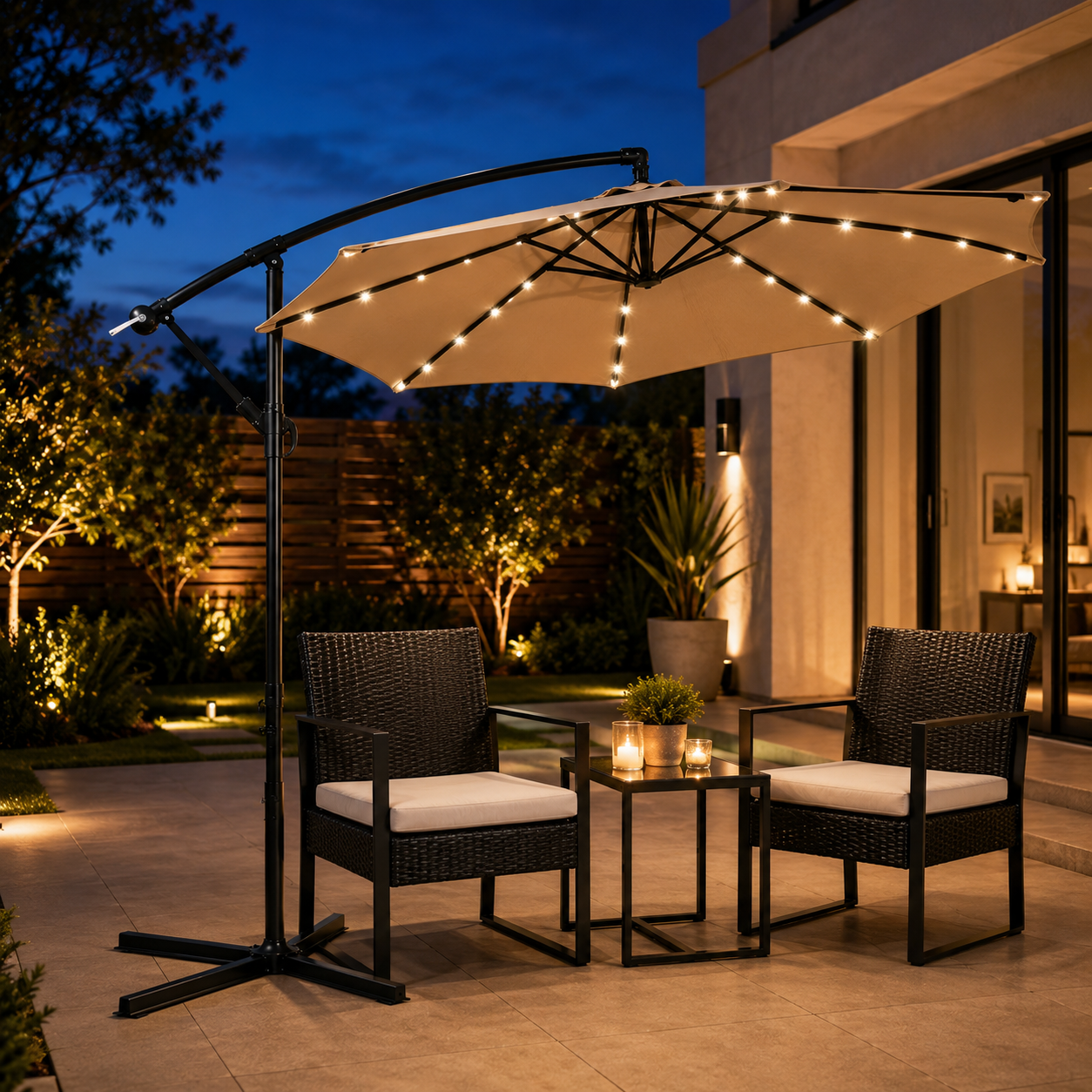 Ombrellone laterale da giardino con luci LED, inclinazione 360°, manovella e protezione solare UV colore beige senza base