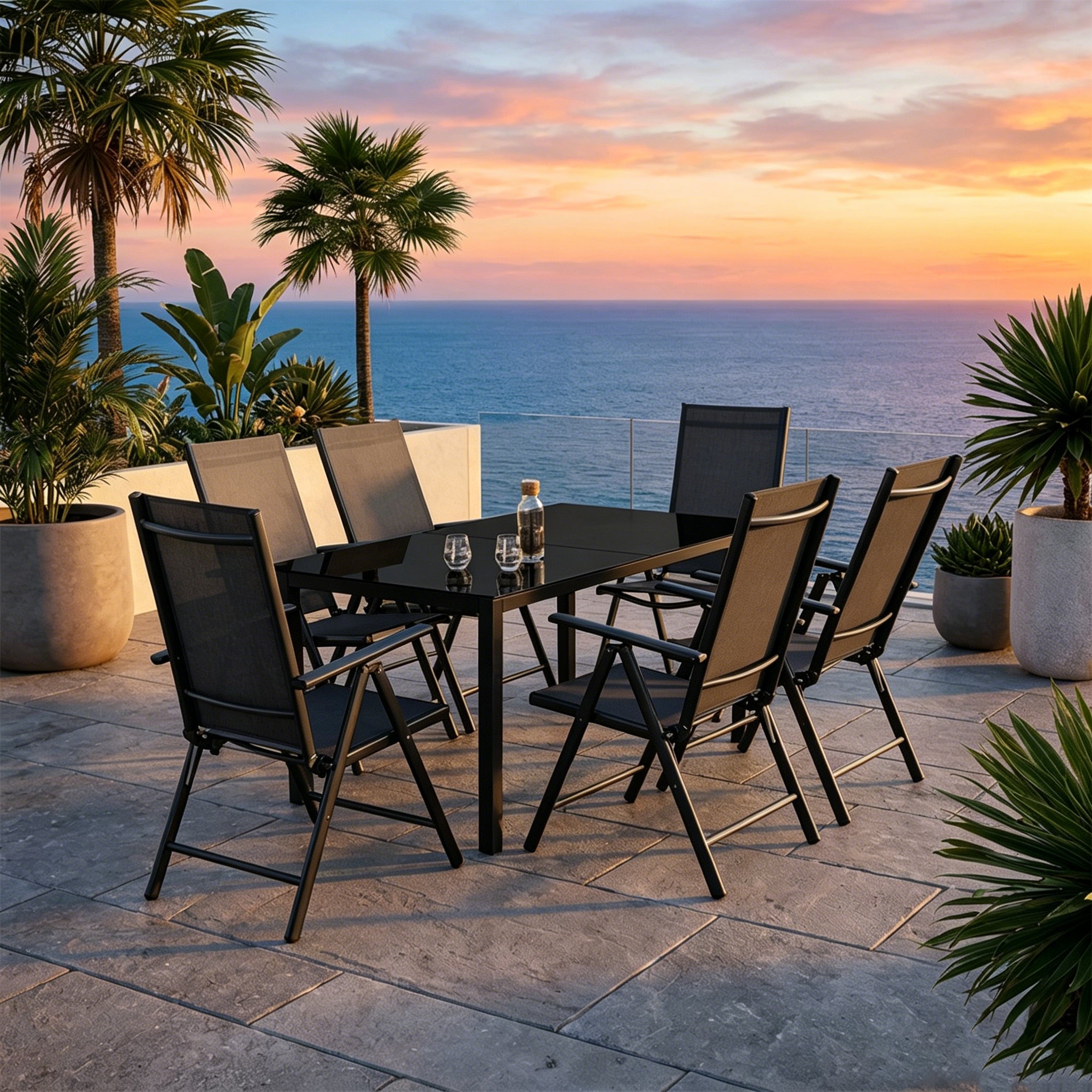 Ensemble jardin extérieur 7 pièces aluminium chaises inclinables verre
