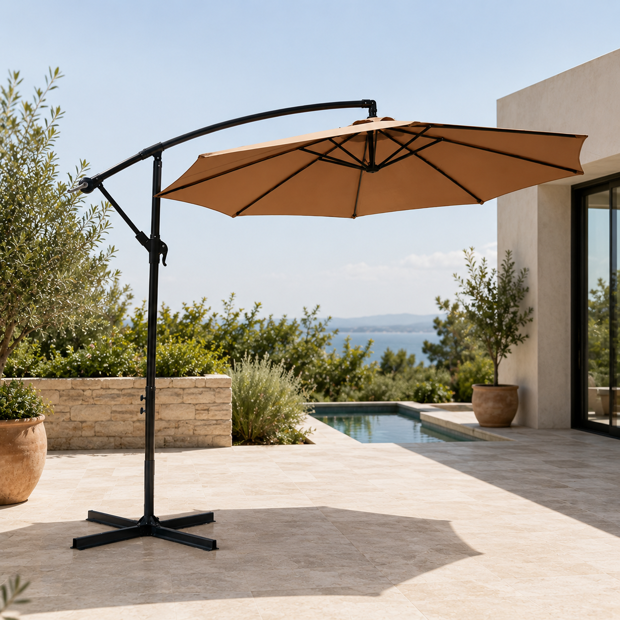 Ombrellone laterale da giardino inclinabile 360° con palo laterale, manovella e protezione solare UV colore beige senza base