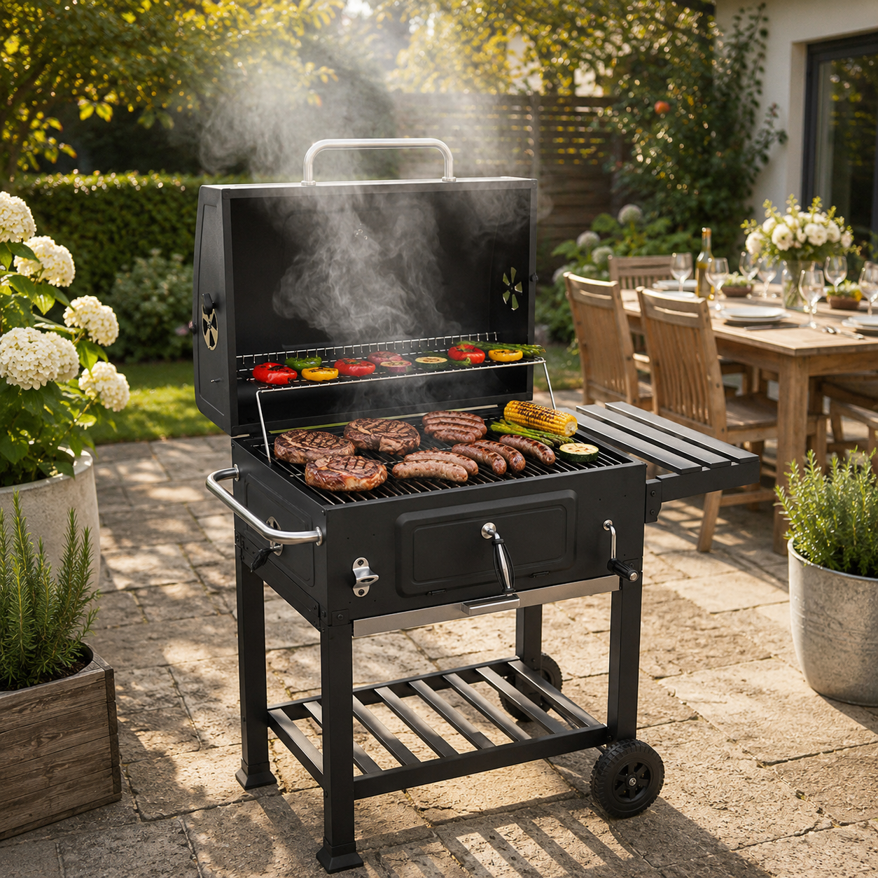 Holzkohlegrill mit Deckel und zusätzlichem Wagen