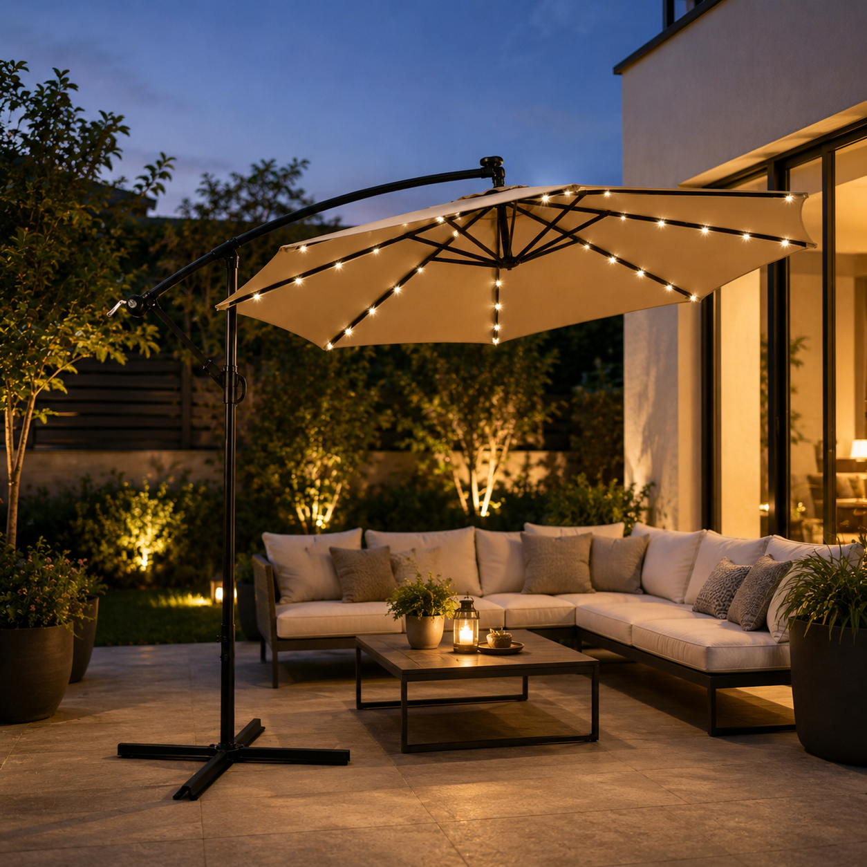 Ombrellone laterale da giardino con luci LED, inclinazione 360°, manovella e protezione solare UV colore beige senza base
