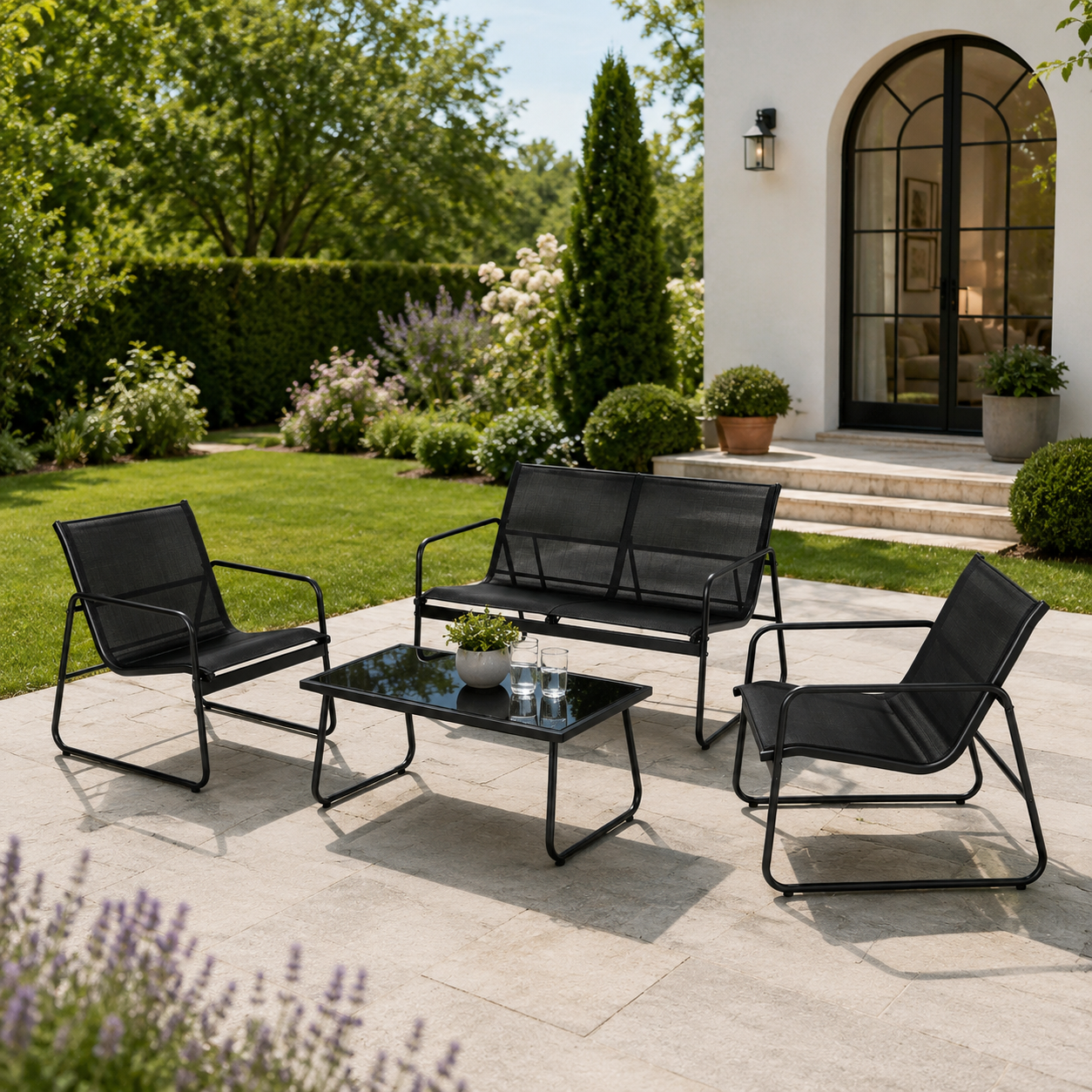Conjunto de jardim exterior em aço e textilene com sofá de 2 lugares, 2 poltronas e mesa de vidro preta