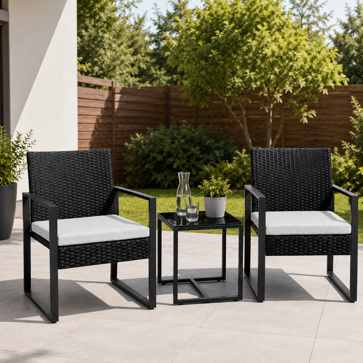 Conjunto de jardim exterior em rattan PE de 3 peças com mesa auxiliar e almofadas acolchoadas para terraço, varanda e pátio