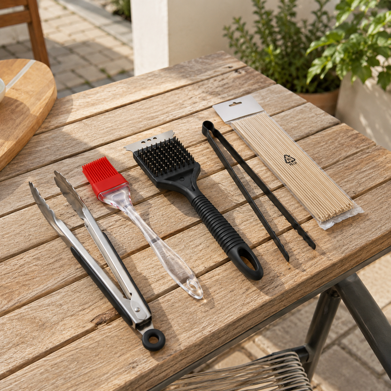 Conjunto BBQ profissional 5 peças em aço inoxidável com utensílios resistentes e cabos de silicone para churrasqueira