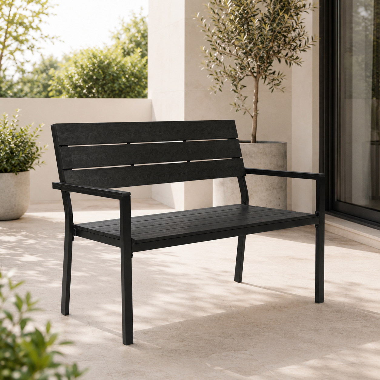 Gartenbank für 2 Personen mit ergonomischer Rückenlehne und robustem Metallgestell für Terrasse, Hof und Balkon