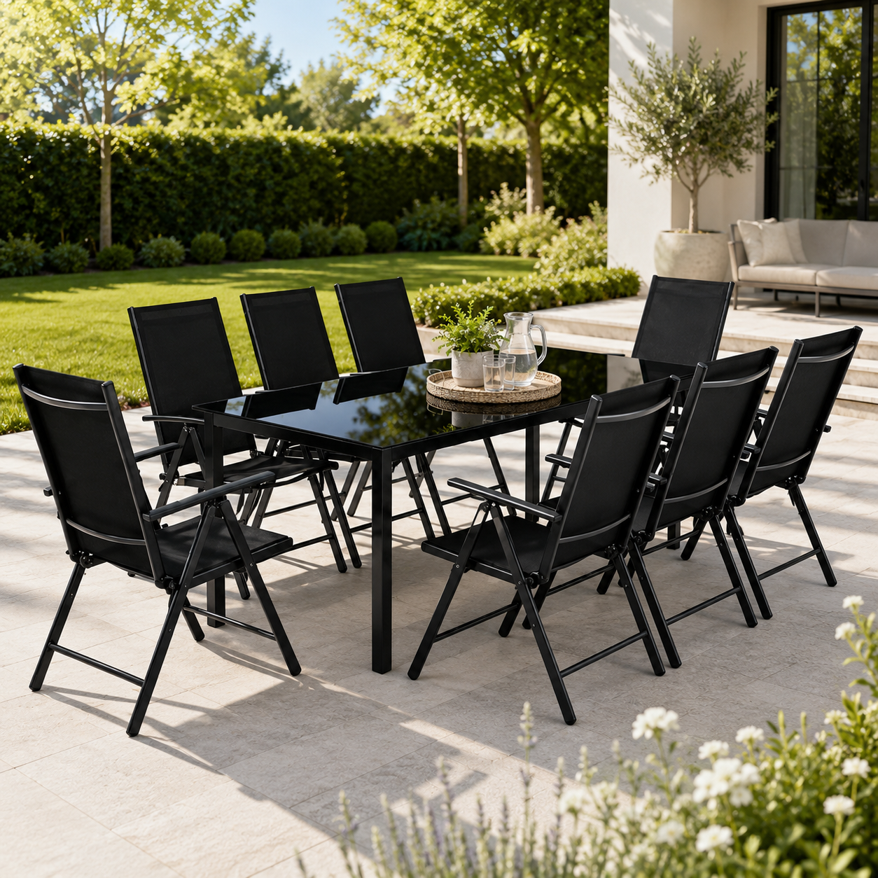 Set da giardino 9 pezzi alluminio sedie reclinabili tavolo in vetro