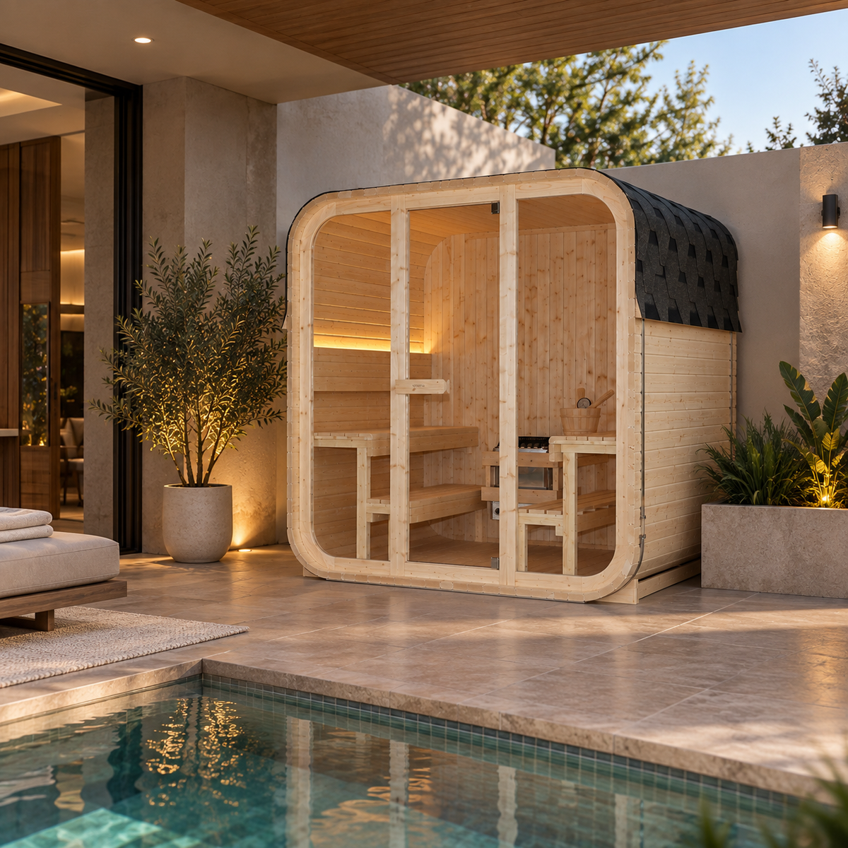 Sauna exterior panorâmica em cubo para jardim para 4-6 pessoas