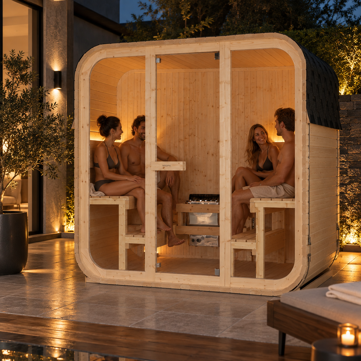 Sauna exterior panorâmica em cubo para jardim para 4-6 pessoas