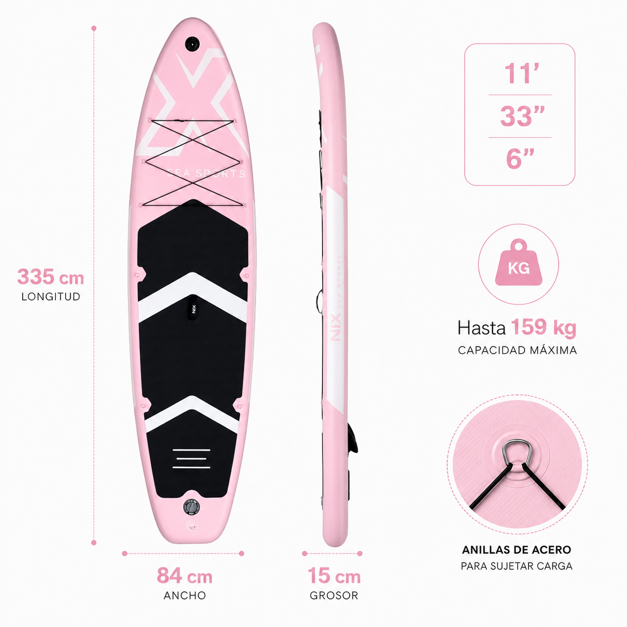 Opblaasbaar SUP-board 11" 335x84x15 cm 159 kg, roze, met accessoires