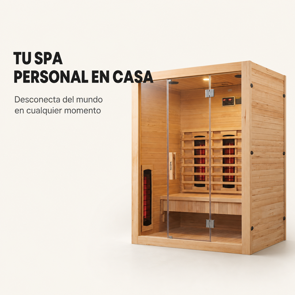 Sauna infrarouge 3 personnes en bois massif avec 6 panneaux, Bluetooth et porte panoramique