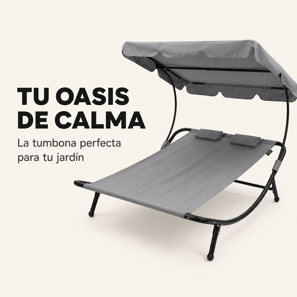 Chaise longue double de jardin type balançoire pour 2 personnes avec parasol réglable, coussins, roues et structure en acier gris 195x185x175 cm