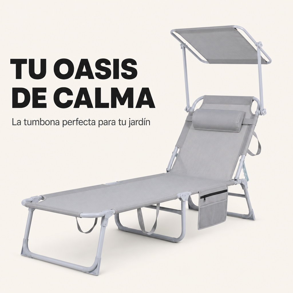 Chaise longue pliante inclinable avec parasol réglable, coussin et poche latérale pour jardin et plage