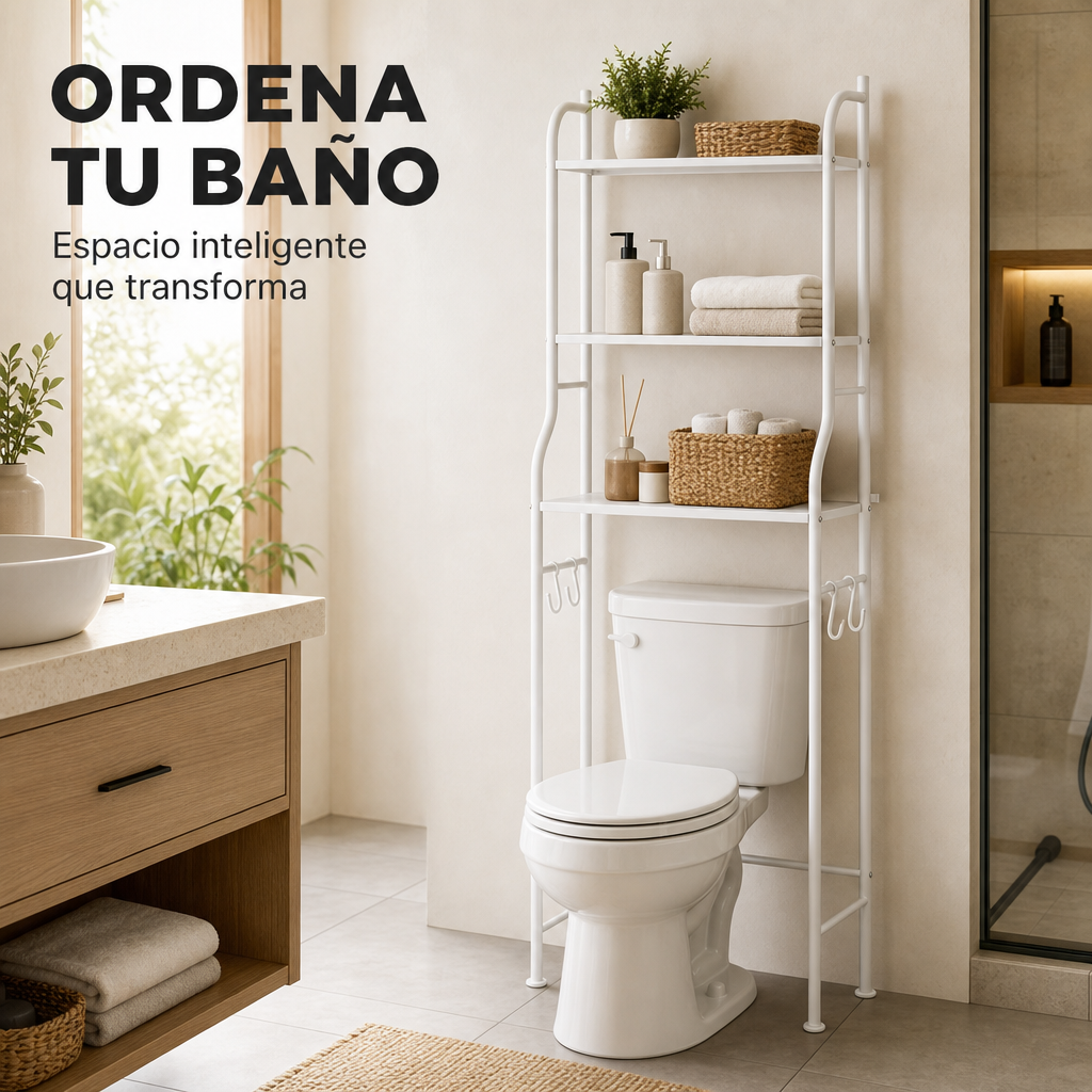 Mensola sopra WC a 3 livelli con ganci, ripiani organizzatori e struttura metallica per bagno