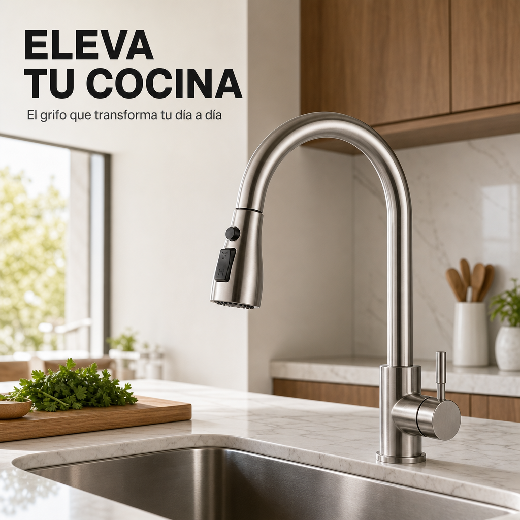 Robinet de cuisine extractible monocommande en acier inoxydable avec bec haut pivotant à 360° et double fonction eau