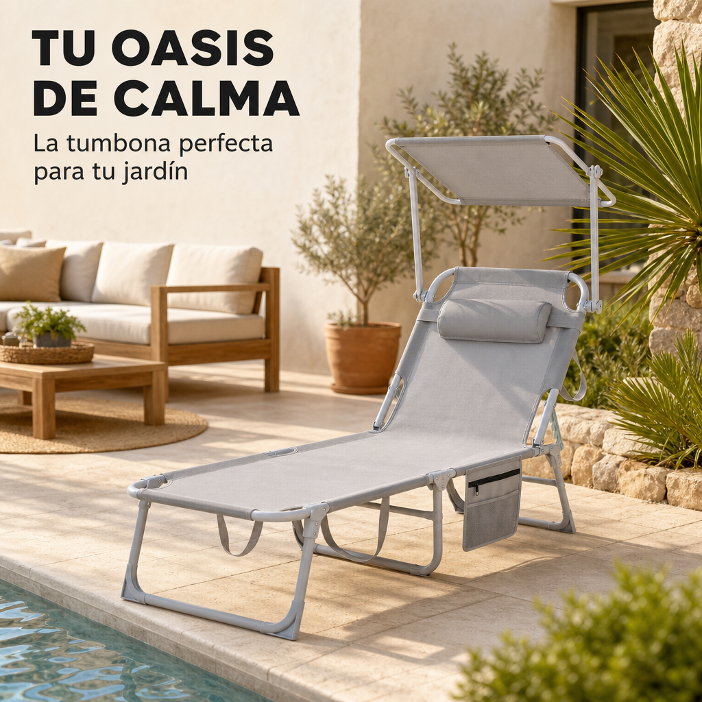 Chaise longue pliante inclinable avec parasol réglable, coussin et poche latérale pour jardin et plage