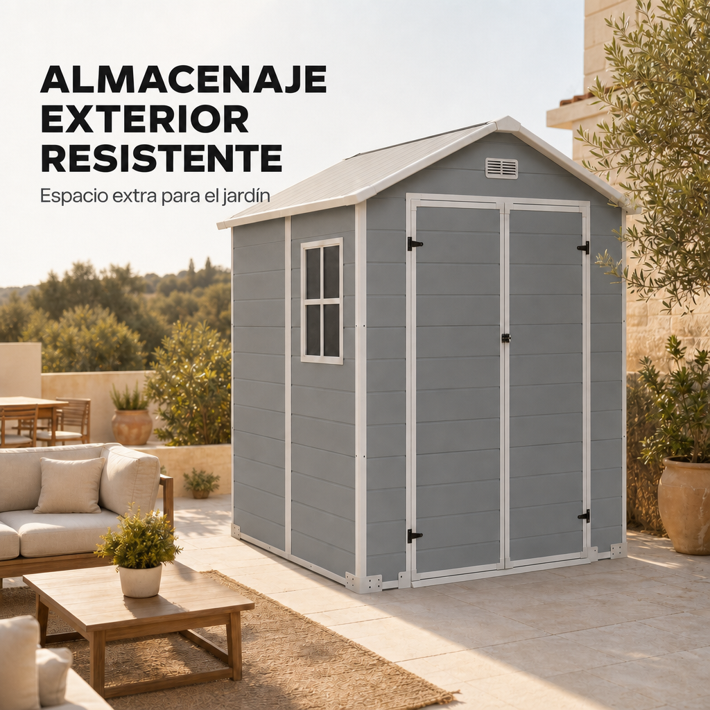 Abri de jardin XL en résine avec fenêtre, double porte, ventilation et fermeture de sécurité