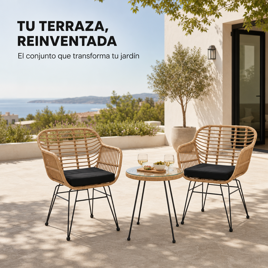 Conjunto Jardim Ráfia com 2 Poltronas e Mesa Redonda para Terraço e Varanda