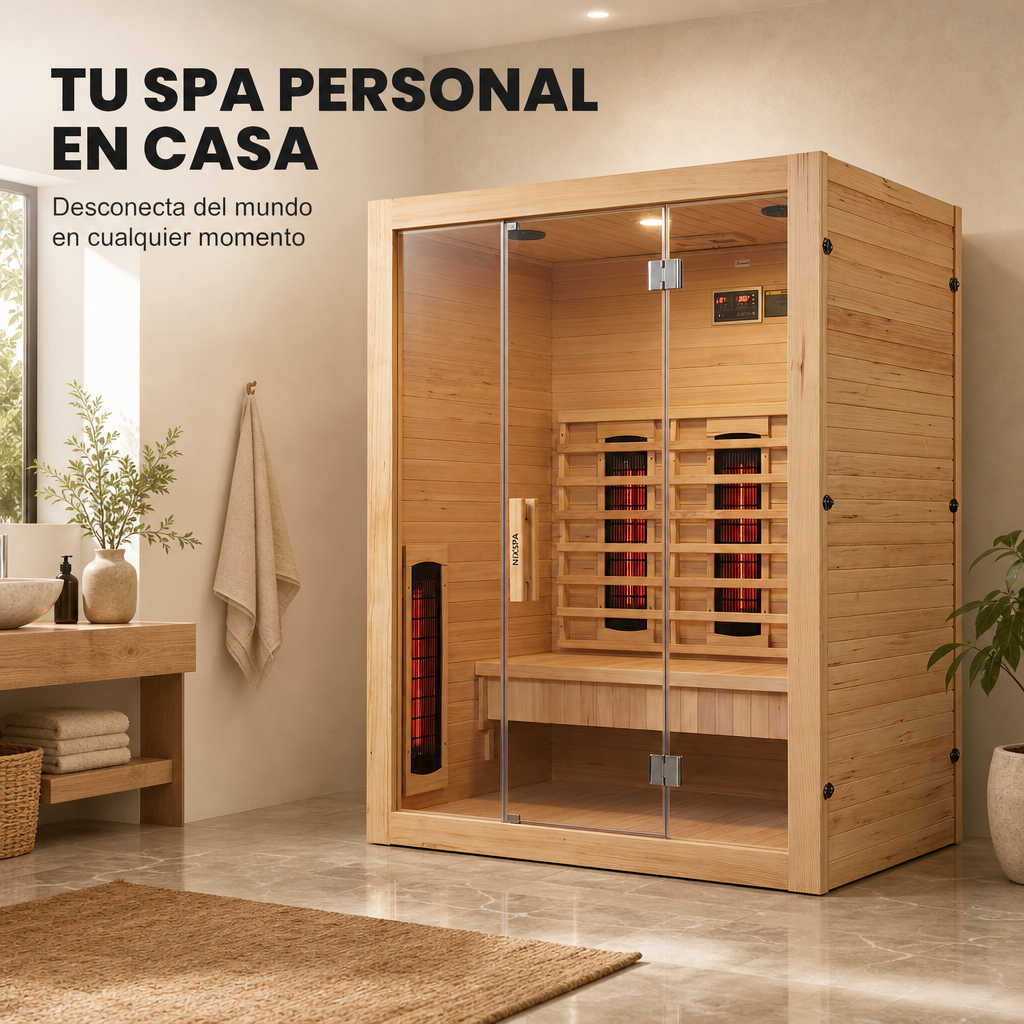 Sauna infrarouge 3 personnes en bois massif avec 6 panneaux, Bluetooth et porte panoramique