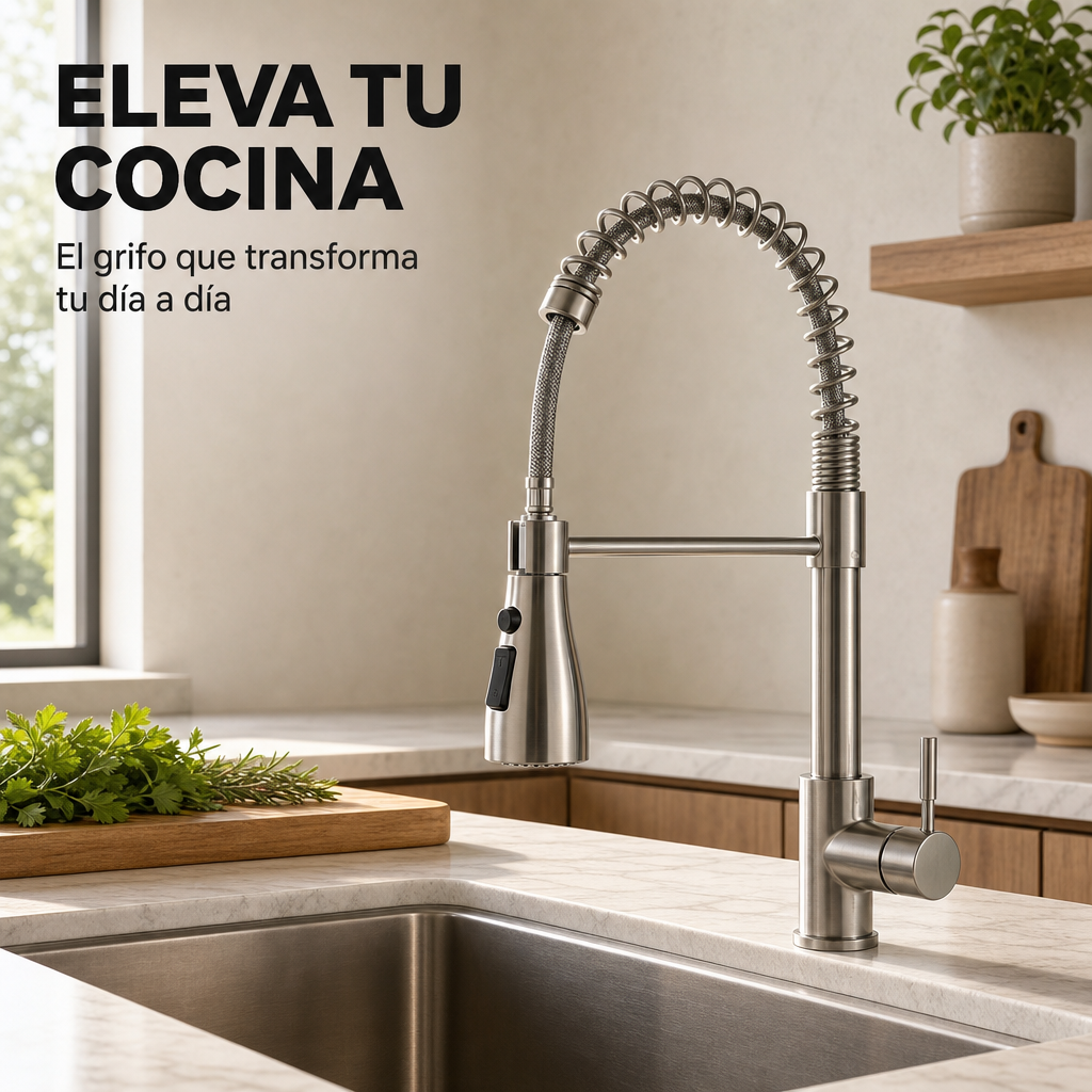 Grifo De Cocina Extraíble 360 Grados Con Ducha Extensible Acero Inoxidable