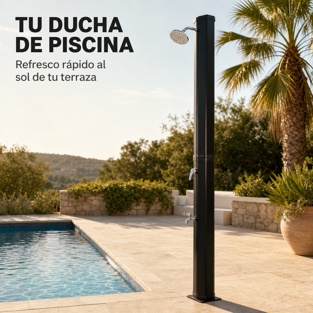Douche solaire extérieure pour jardin et piscine avec robinet lave-pieds et douchette orientable noir/argenté