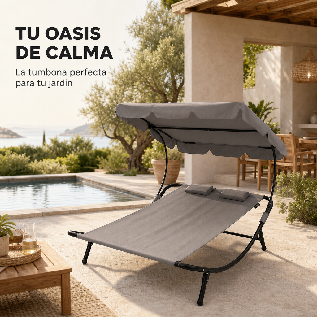 Chaise longue double de jardin type balançoire pour 2 personnes avec parasol réglable, coussins, roues et structure en acier gris 195x185x175 cm