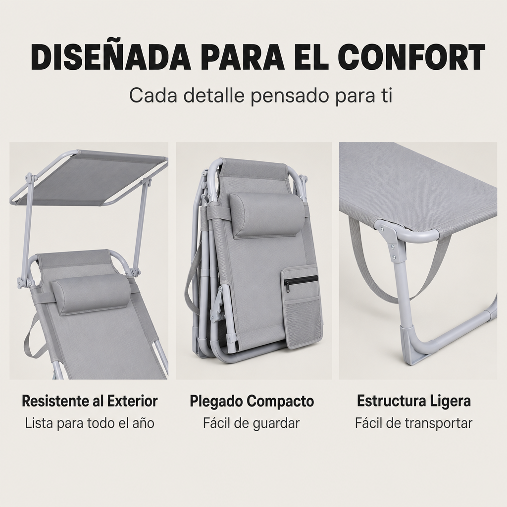 Chaise longue pliante inclinable avec parasol réglable, coussin et poche latérale pour jardin et plage