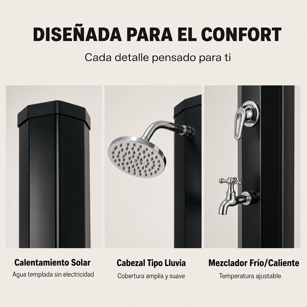 Douche solaire extérieure pour jardin et piscine avec robinet lave-pieds et douchette orientable noir/argenté