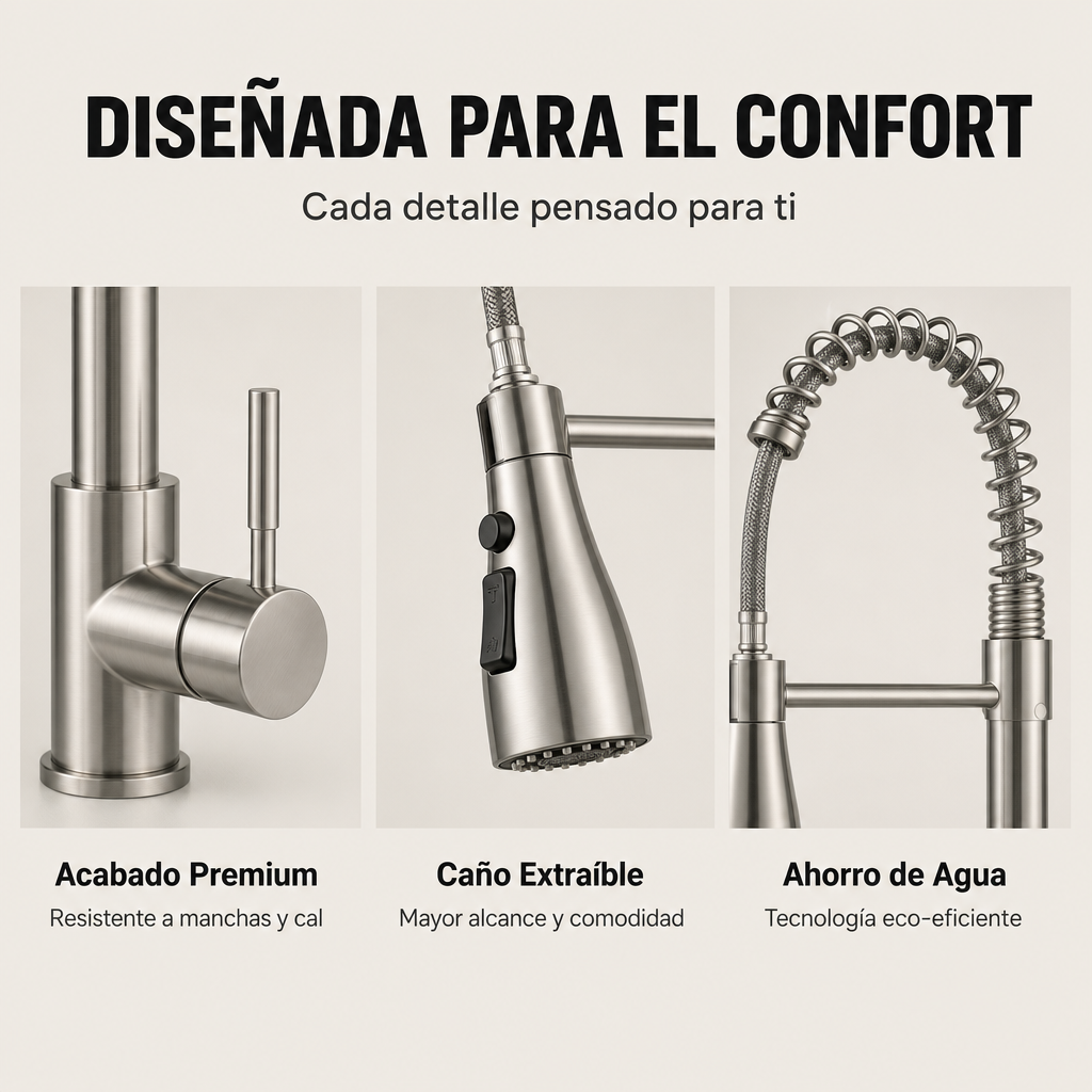 Grifo De Cocina Extraíble 360 Grados Con Ducha Extensible Acero Inoxidable