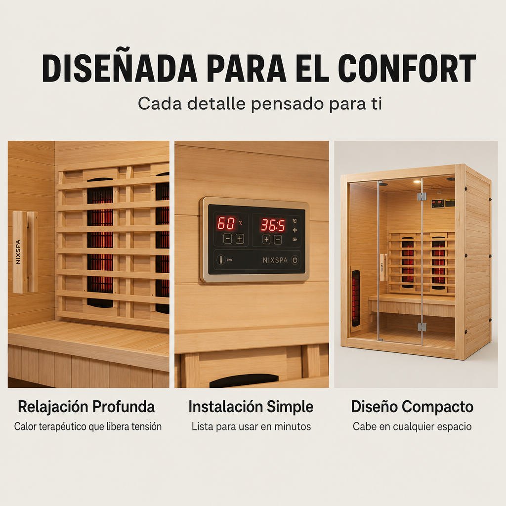 Sauna infrarouge 3 personnes en bois massif avec 6 panneaux, Bluetooth et porte panoramique