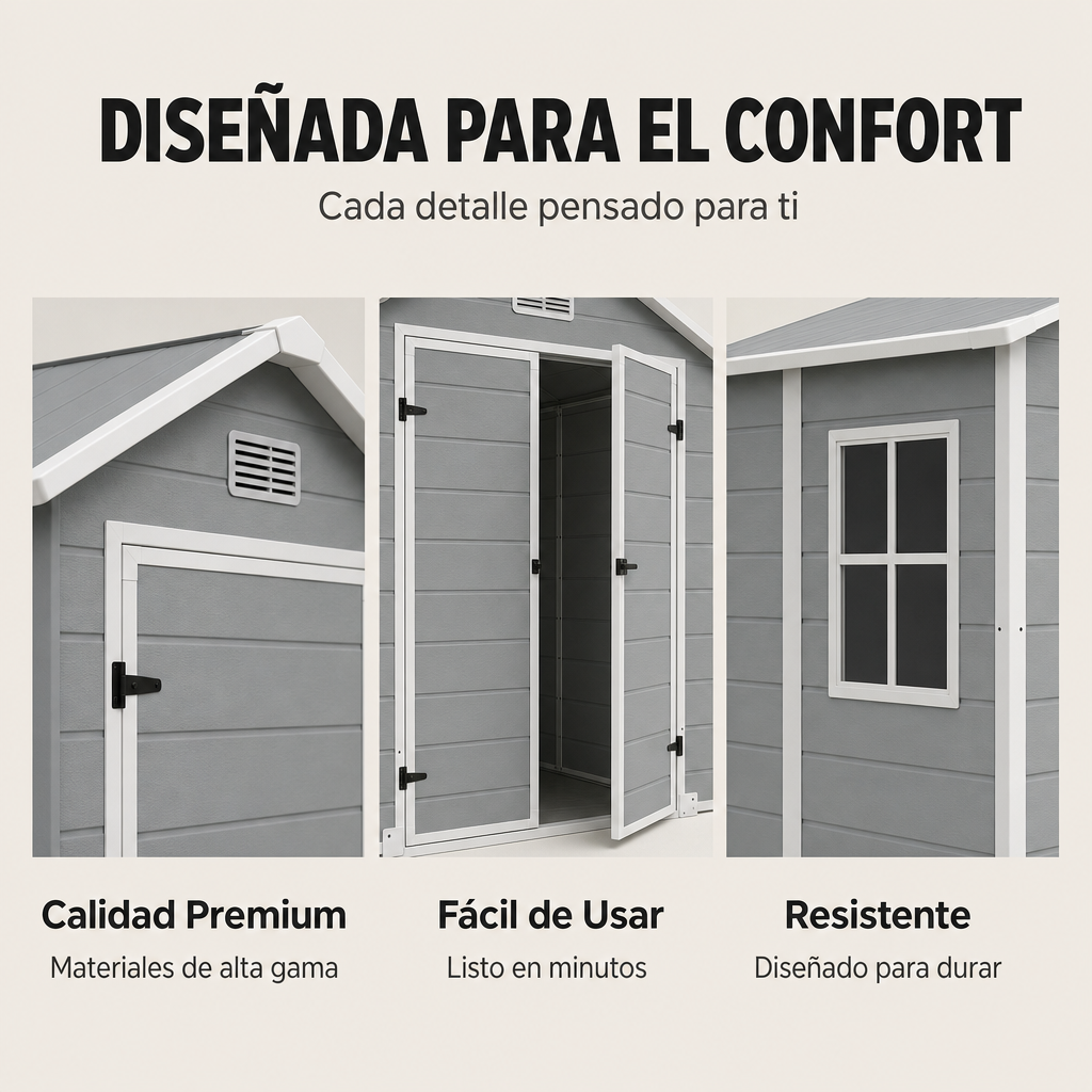 Abri de jardin XL en résine avec fenêtre, double porte, ventilation et fermeture de sécurité
