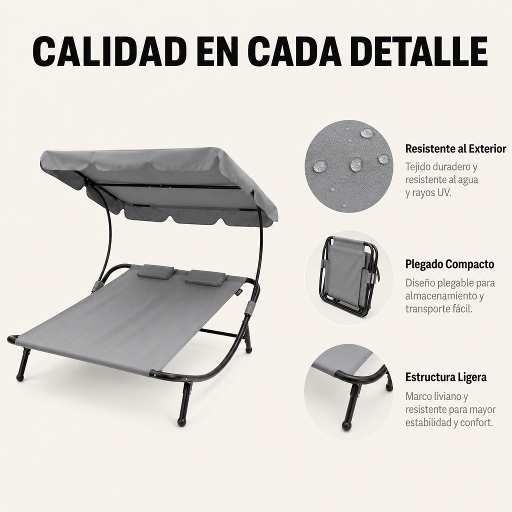 Chaise longue double de jardin type balançoire pour 2 personnes avec parasol réglable, coussins, roues et structure en acier gris 195x185x175 cm