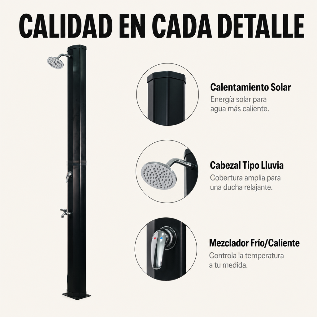 Douche solaire extérieure pour jardin et piscine avec robinet lave-pieds et douchette orientable noir/argenté