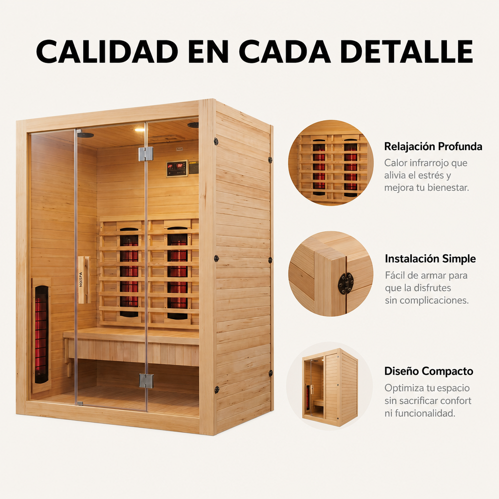 Sauna infrarouge 3 personnes en bois massif avec 6 panneaux, Bluetooth et porte panoramique