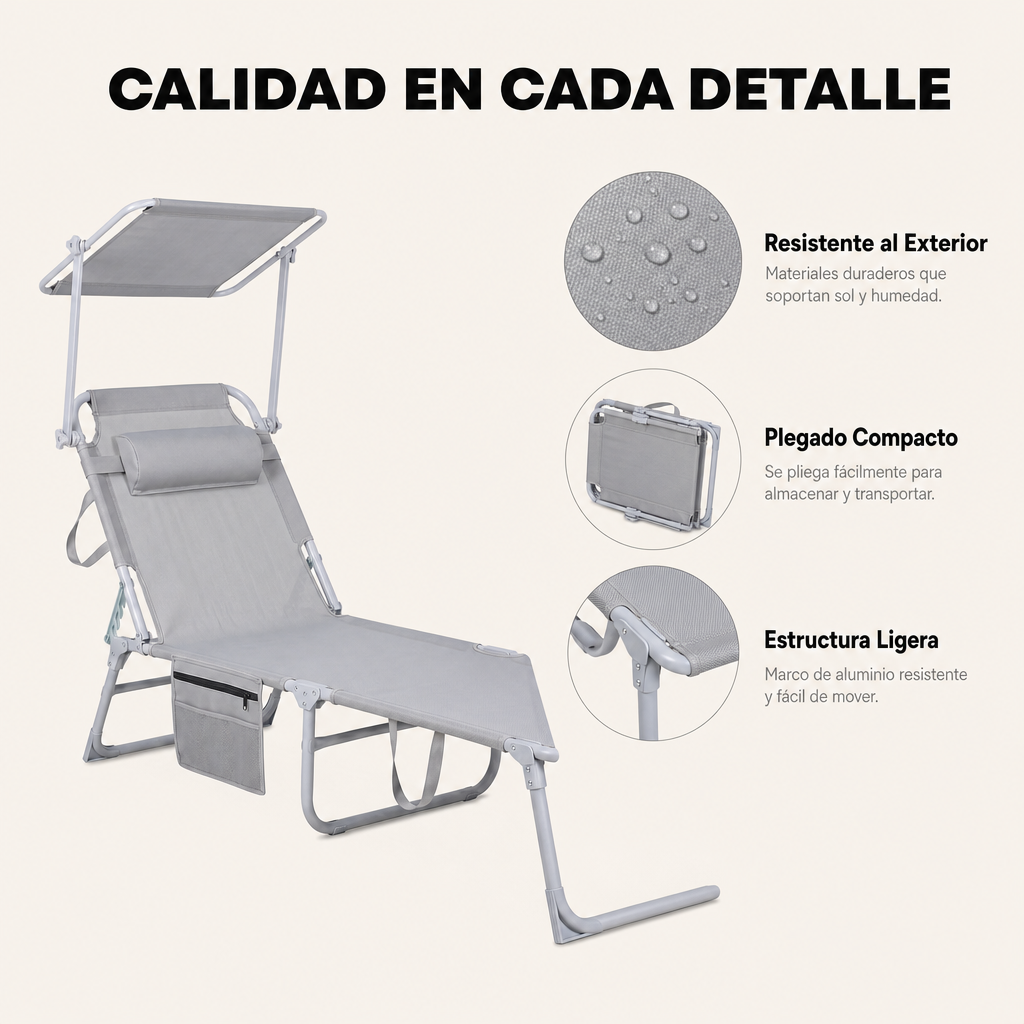 Chaise longue pliante inclinable avec parasol réglable, coussin et poche latérale pour jardin et plage