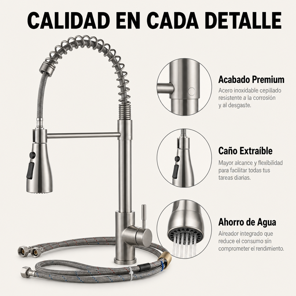 Grifo De Cocina Extraíble 360 Grados Con Ducha Extensible Acero Inoxidable