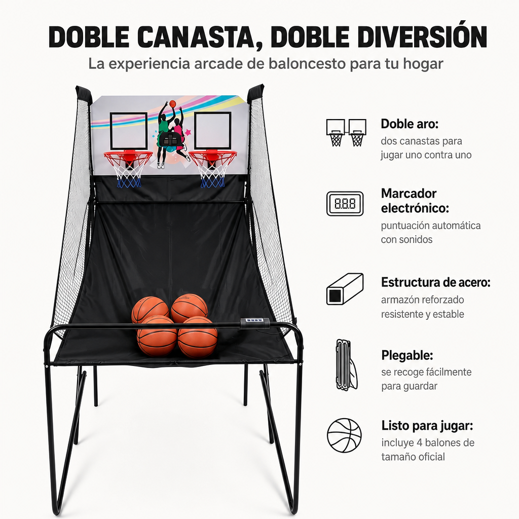 Canasta Doble Arcade Infantil Plegable con Marcador Electrónico