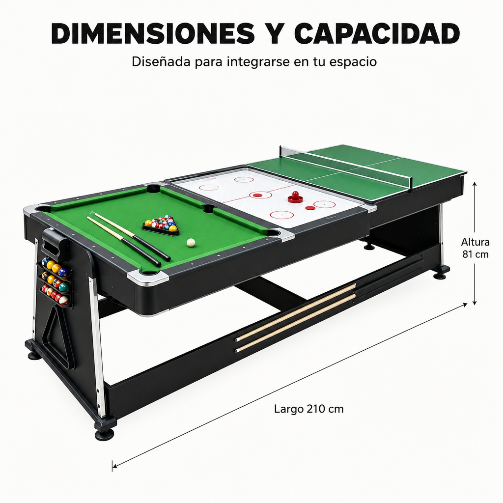 Multispieltisch 3 in 1, umwandelbar zwischen Billard, Air Hockey und Tischtennis, 210 cm